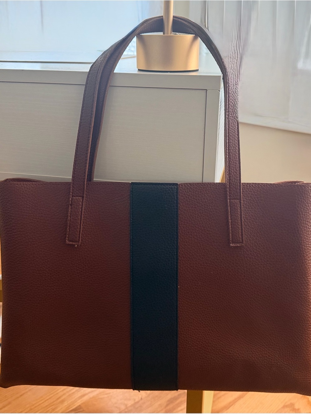 Vince Camuto Brown/Cognac Tote with Black Center Stripe
